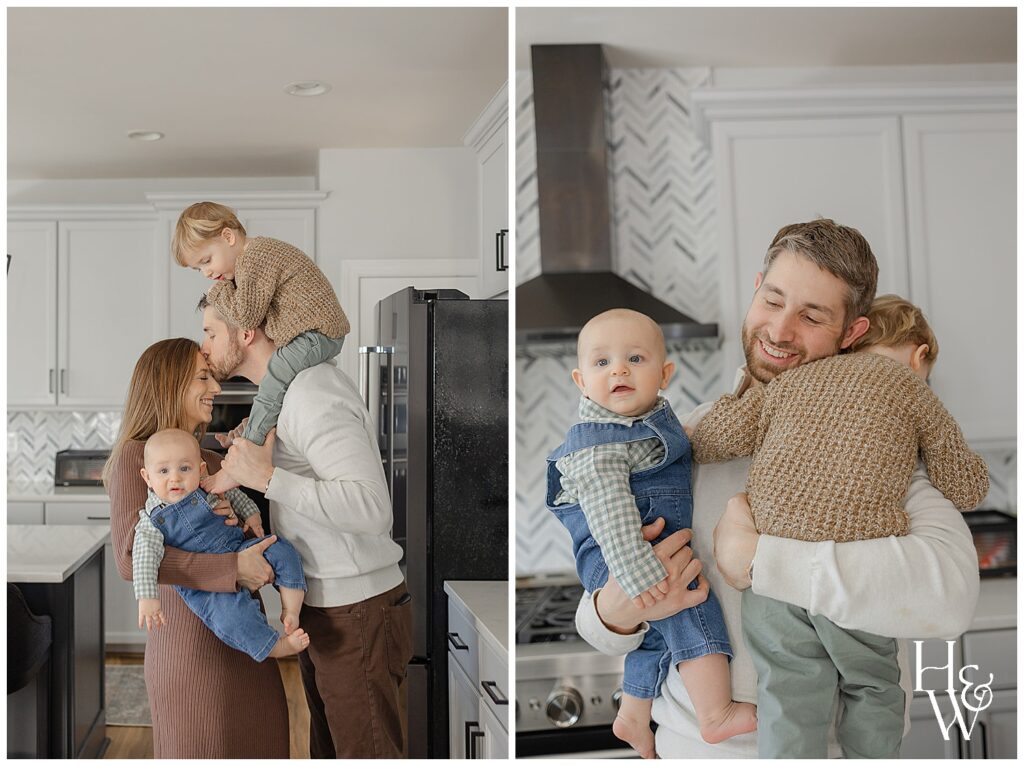 dad kissing mom, big brother hugging dad