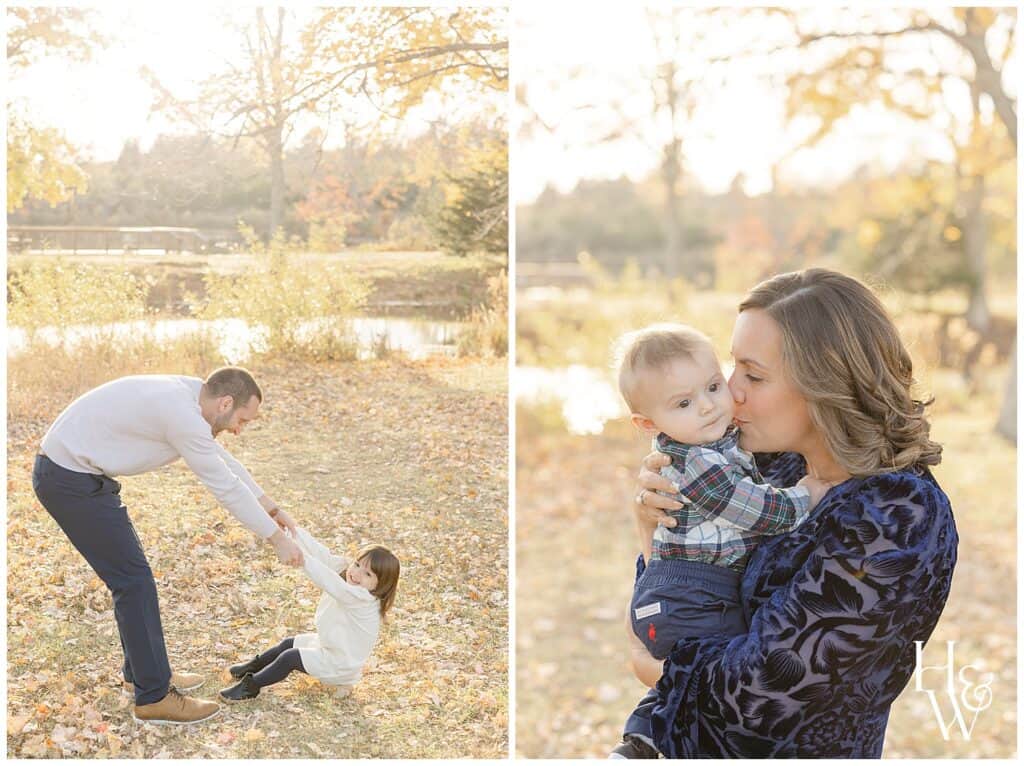 dad playing with daughter, mom kissing baby