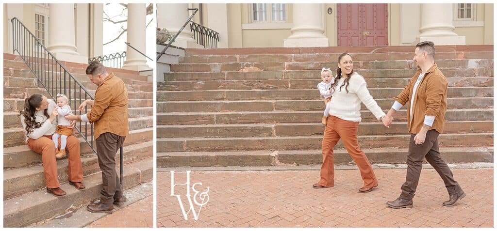 family of 3 walking downtown