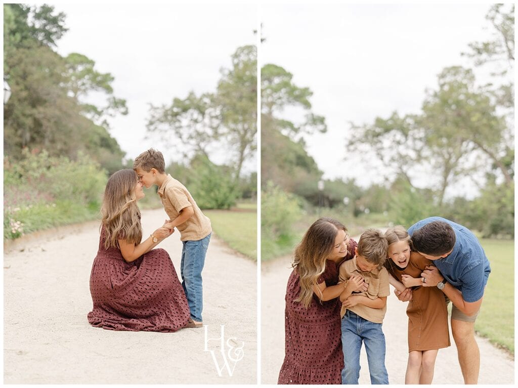 family of 4 laughing at a park during Seacoast family photos