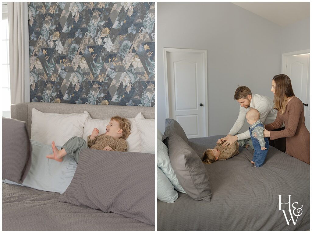 family of 4 playing in the bedroom