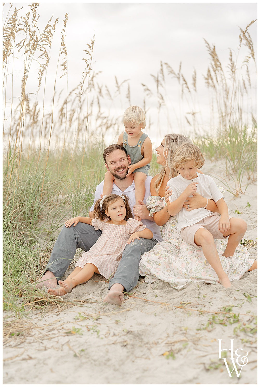 family sitting on the sand dunes taken by HWP, a Kittery, Maine family photographer