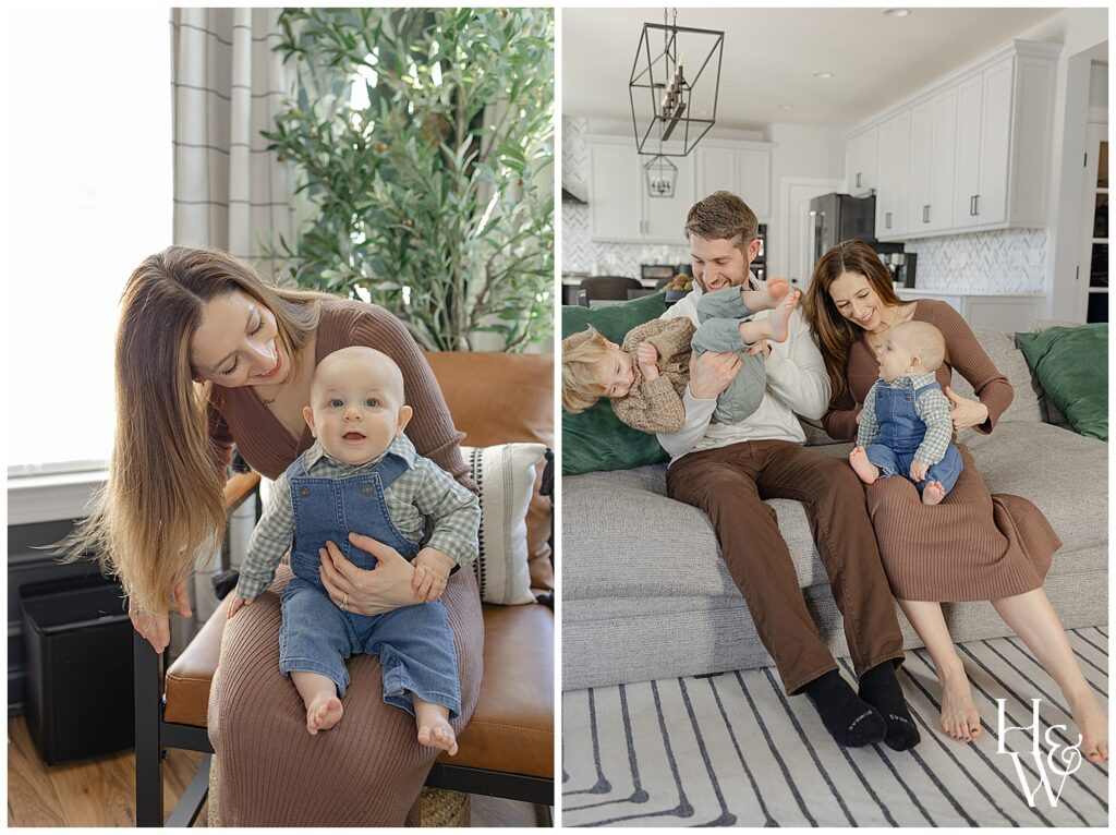 family having a tickle fight during in home family pictures in Portsmouth, NH