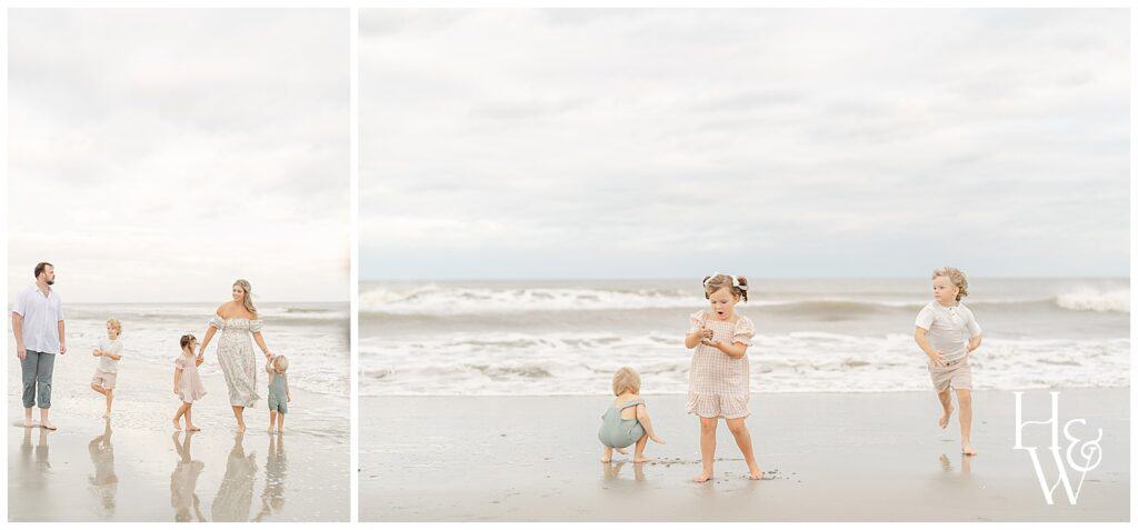family of 5 walking at the beach in Seacoast NH