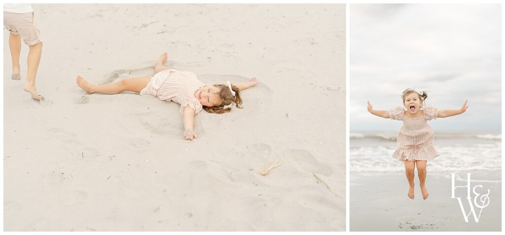 girl having fun at the beach during Kittery, ME family pictures
