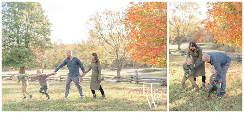 kids pulling parents at a park in fall