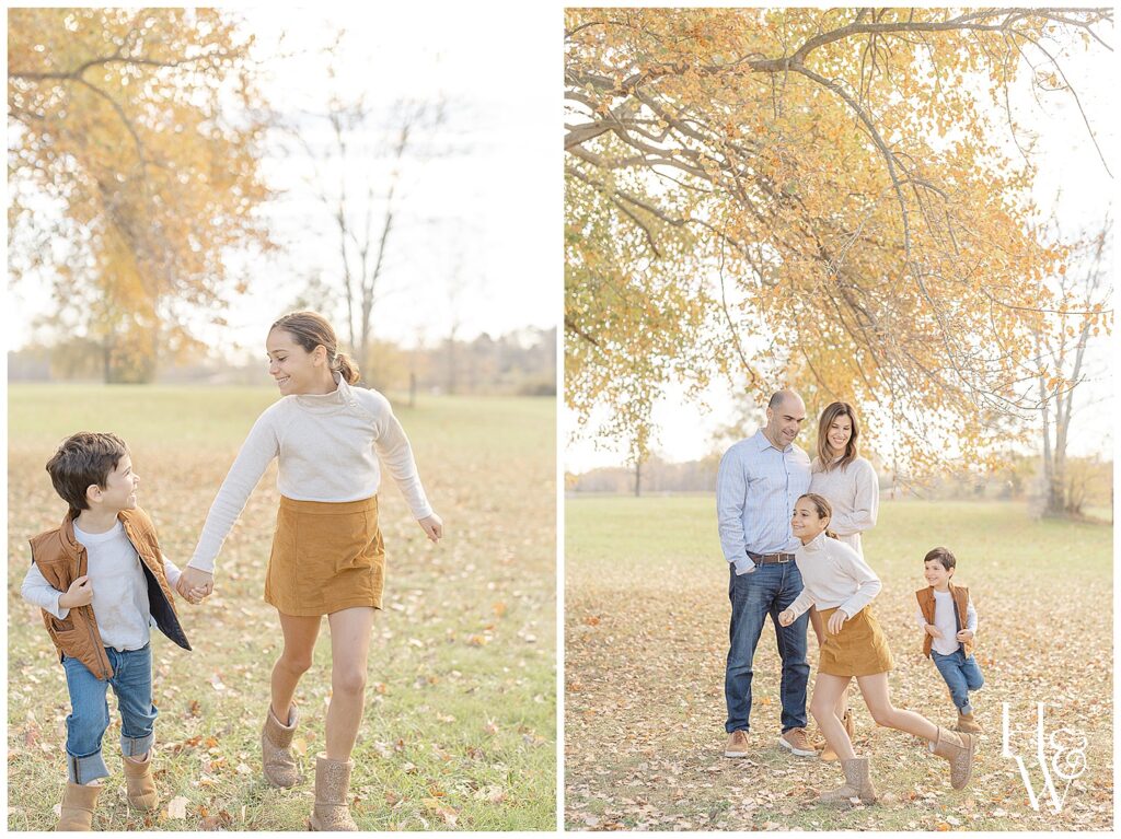 kids running at the park in fall