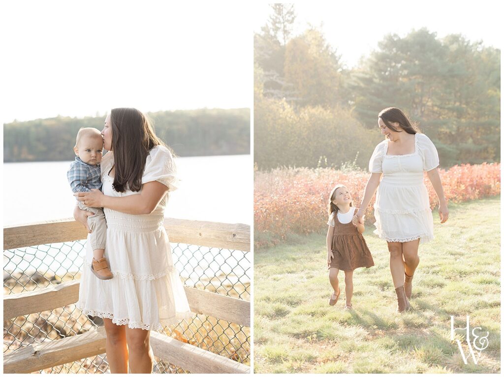 mom loving on kids during fall family pictures in Durham, New Hampshire