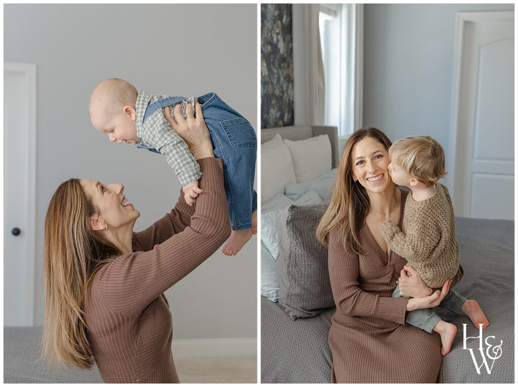 mom playing with her kids in the bedroom