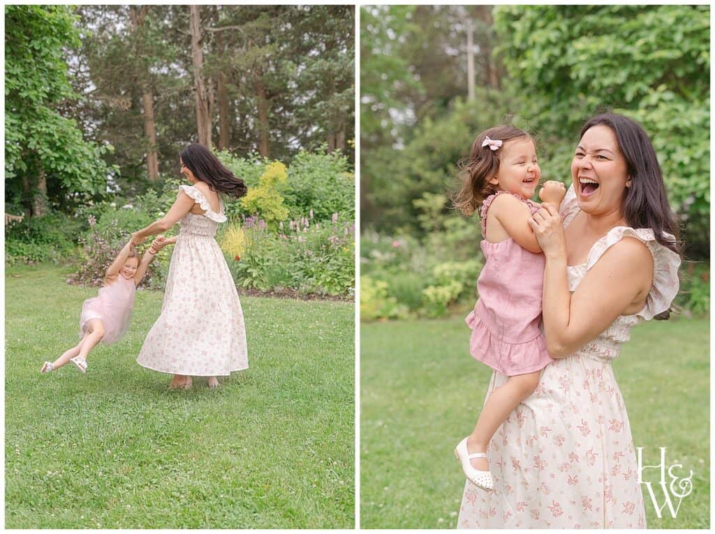 mom playing with kids in a garden during Seacoast NH family photos