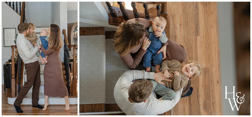 parents and kids playing by the staircase during family photos in Portsmouth, New Hampshire