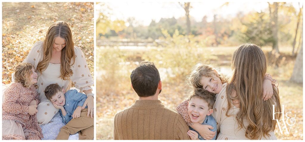 Siblings laughing while hugging parents taken by a family photographer