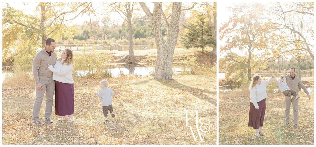 toddler running around parents by the lake in Seacoast New Hampshire