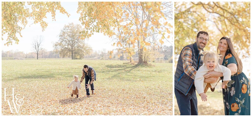 family of 3 playing during Maine fall mini session