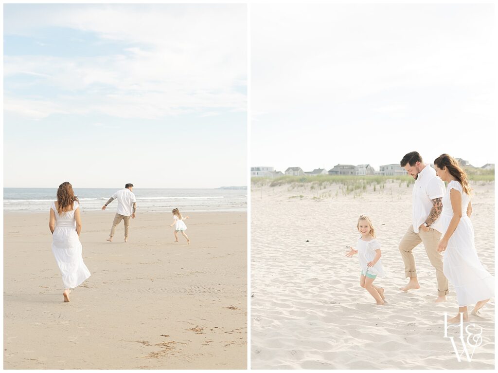 family playing at the beach
