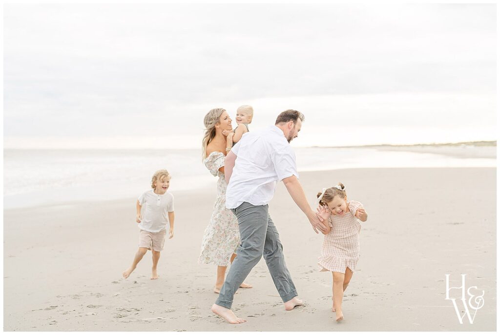 family playing in Wells, Maine